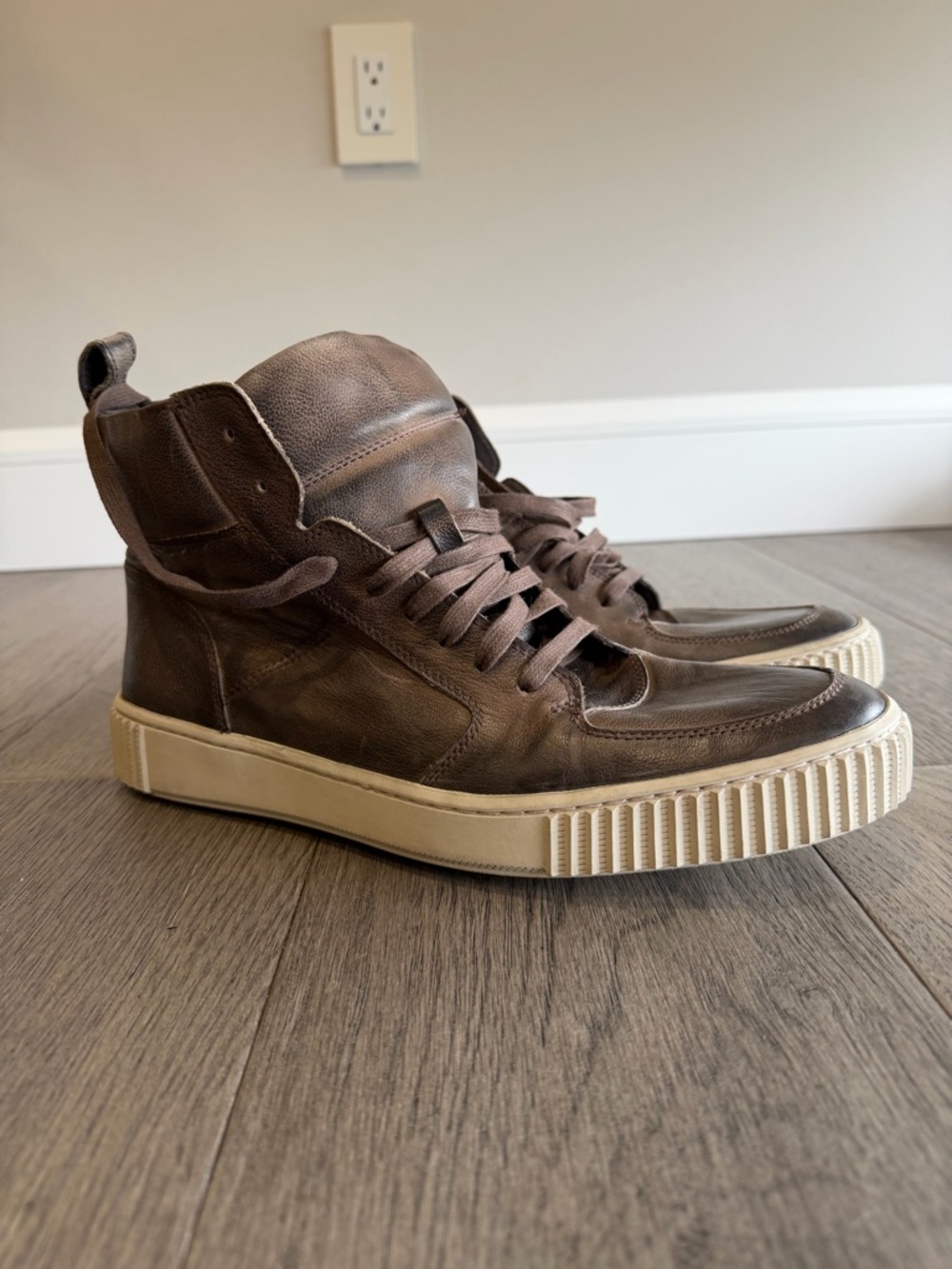 John Varvatos Brown Leather High-Top Sneakers with Cream Platform Sole - Picture 3 of 6